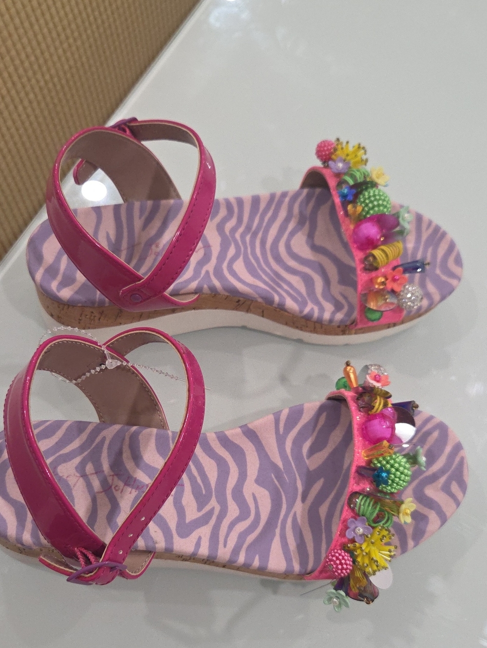 Betsey Johnson Pink Zebra-Print Beaded Ankle-Strap Sandals